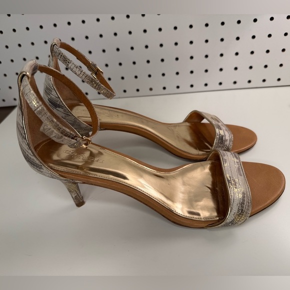 COACH Brown, Gold & White Snakeskin Embossed Round Toe Kitten Heel Shoes Size 9B - Picture 8 of 17